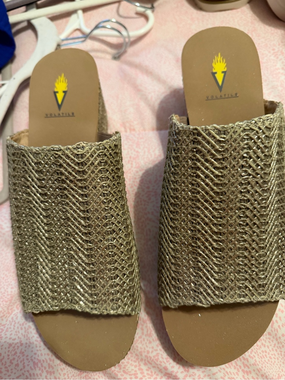 Volatile Metallic Braided Slide Mules in Gold-Tan